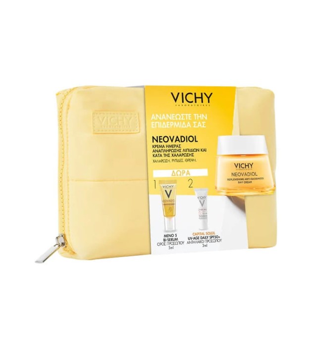 Vichy Promo Neovadiol Replenishing Anti-Sagginess Day Cream 50ml & Free Neovadiol Meno 5 Bi-Serum 5ml, Capital Soleil UV-Age Daily SPF50+ 3ml & Toiletry Bag, 1set